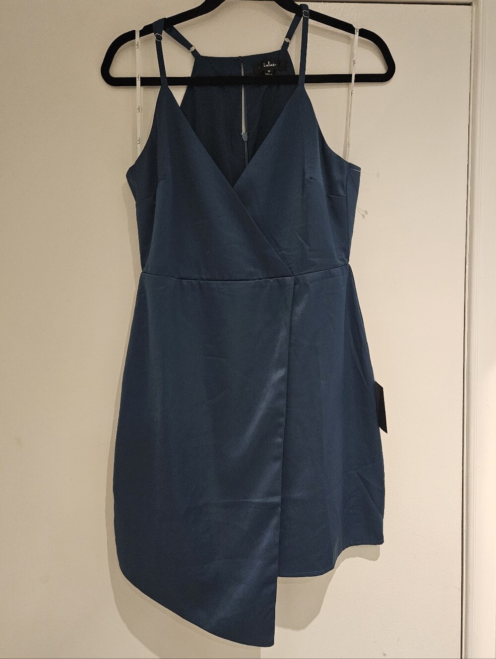 NWT Lulus What A Stunner Dark Teal Blue Satin Asymmetrical Mini Dress Size M